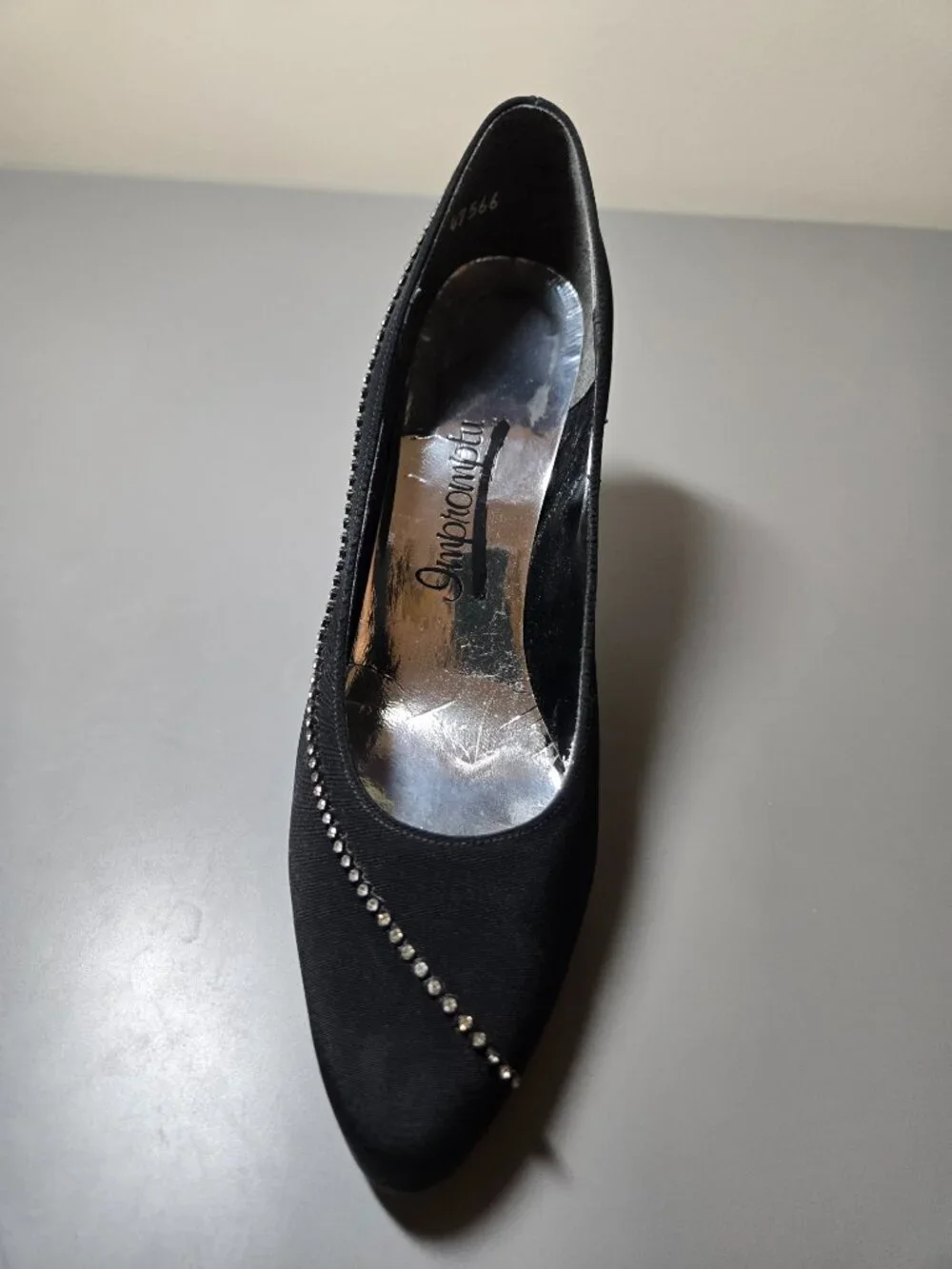 VINTAGE Impromptu Black Peau de Soie Satin Pumps with Rhinestone Detail, Classy